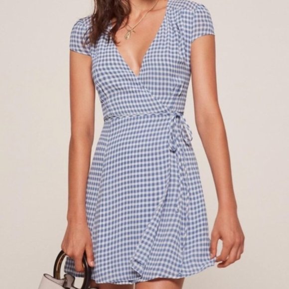 Reformation Dresses & Skirts - Reformation Blue Gingham Wrap Dress XS